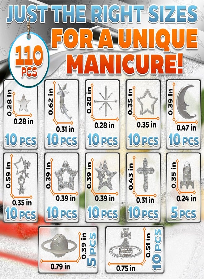 ZOKLU 110 Pcs Silver Nail Charms and Gems - Complete Art Set with Cross, Planet, Piercing Ring & Silver Star Nail Charms Designs with Rhinestones - Easy-to-Apply, Sturdy Acrylic for Stylish Manicures - Image 2